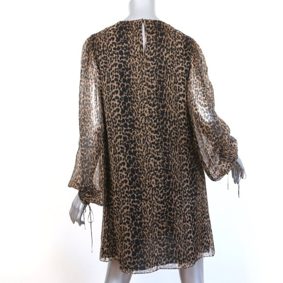 SAINT LAURENT MINI DRESS LEOPARD PRINT SILK CHIFFON SIZE 44 TIE-SLEEVE SHIFT - Picture 5 of 10